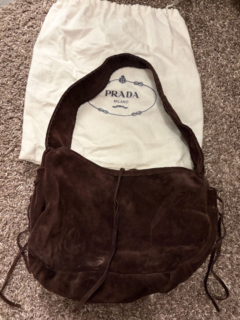 Prada Suede Shoulder Purse w/ Cream Drawstring Dust Bag with Navy Logo - Picture 3 of 4